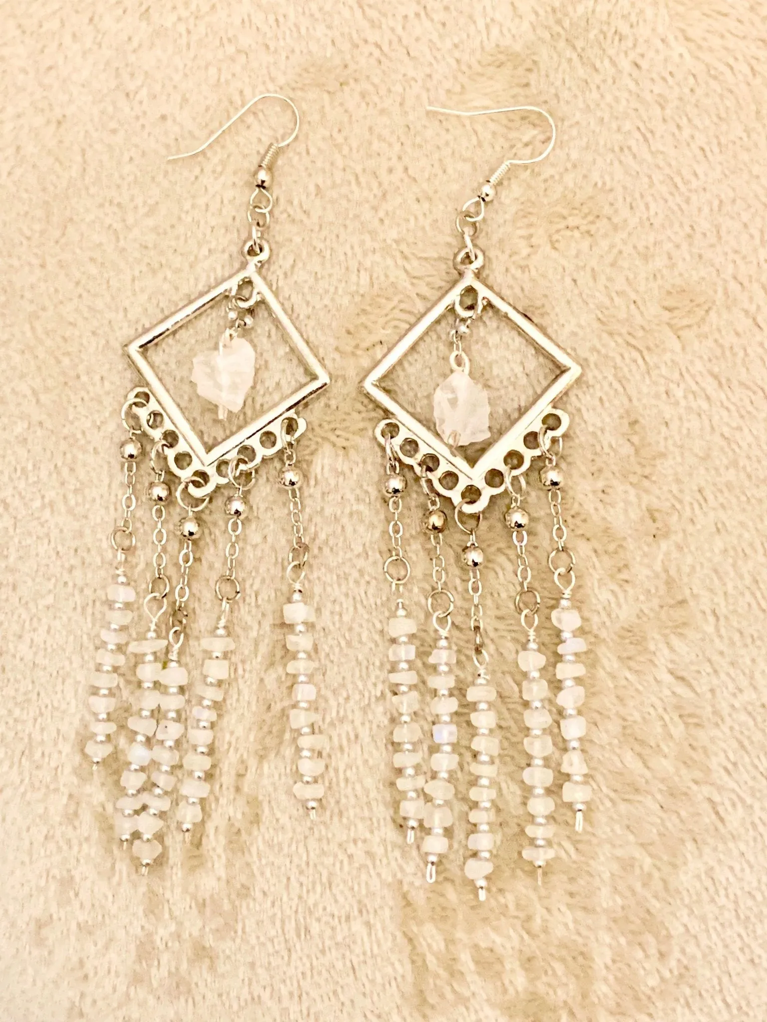 Moonbeam- Handmade Genuine Rough Cut Moonstone and Clear Quartz Dangling Earrings