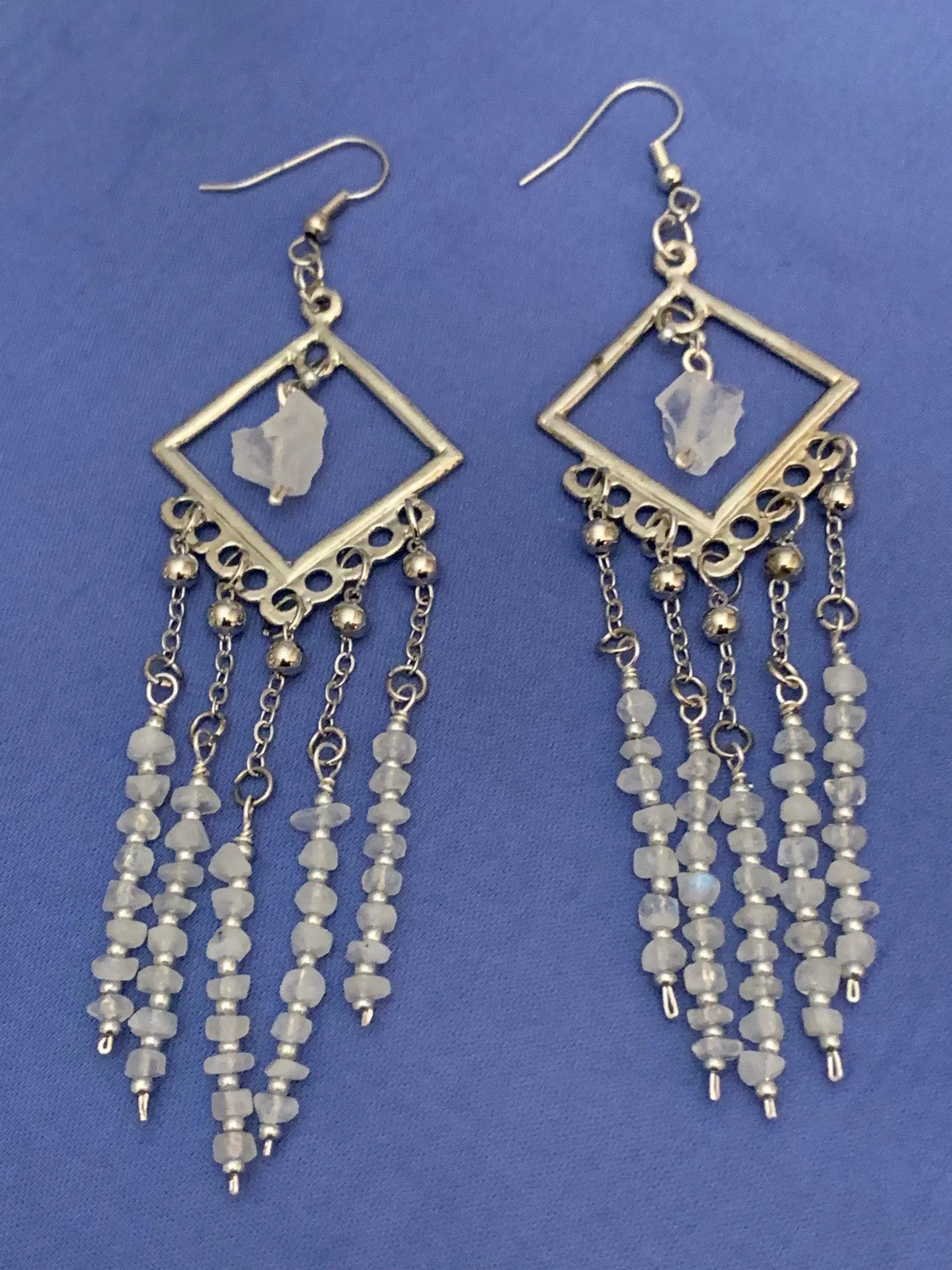 Moonbeam- Handmade Genuine Rough Cut Moonstone and Clear Quartz Dangling Earrings