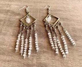 Moonbeam- Handmade Genuine Rough Cut Moonstone and Clear Quartz Dangling Earrings