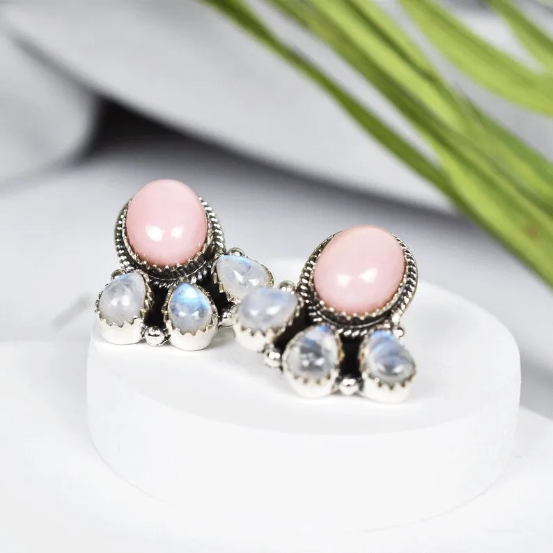 Native American Pink Opal And Rainbow Moonstone Cluster Earrings For Women - 925 Sterling Silver Earrings