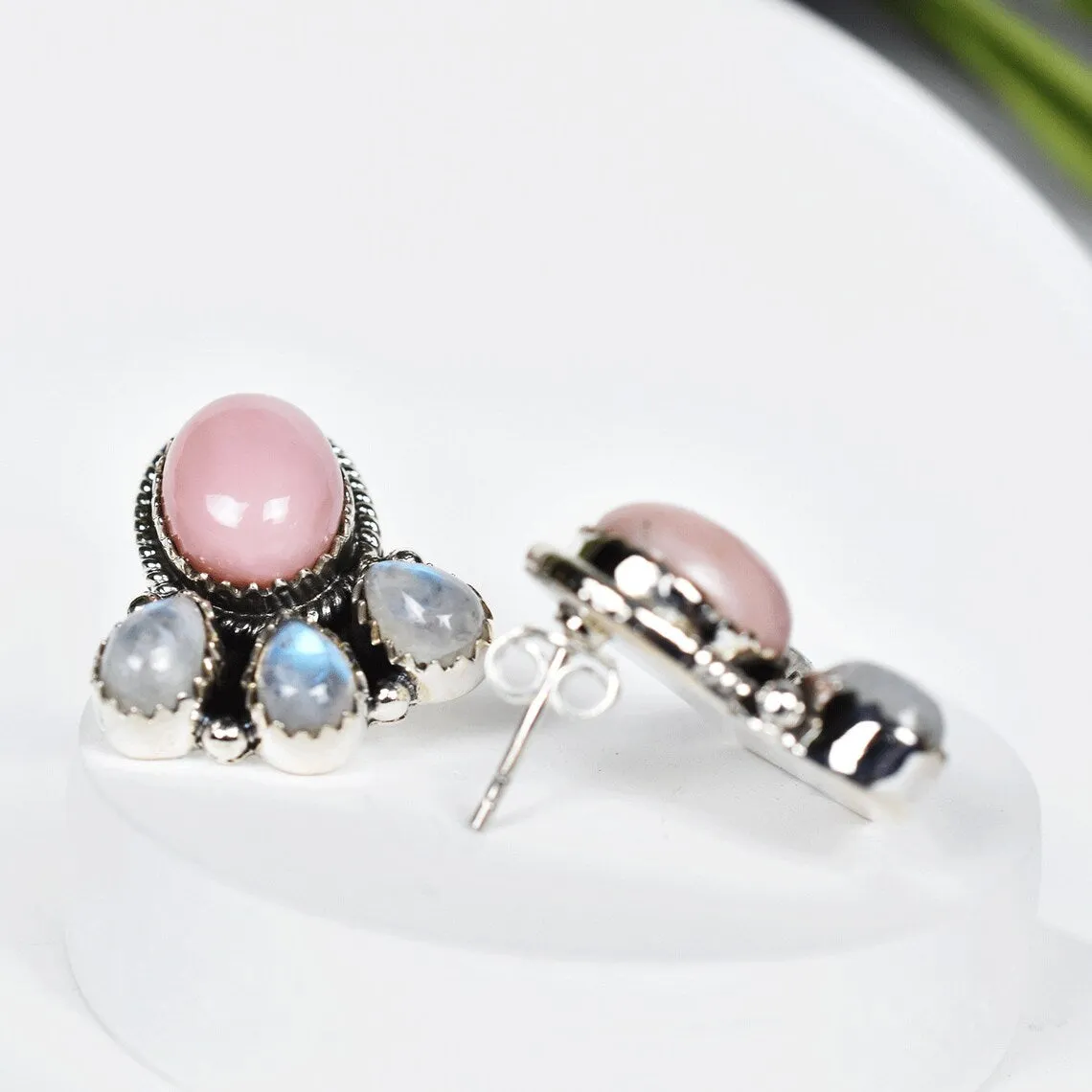 Native American Pink Opal And Rainbow Moonstone Cluster Earrings For Women - 925 Sterling Silver Earrings