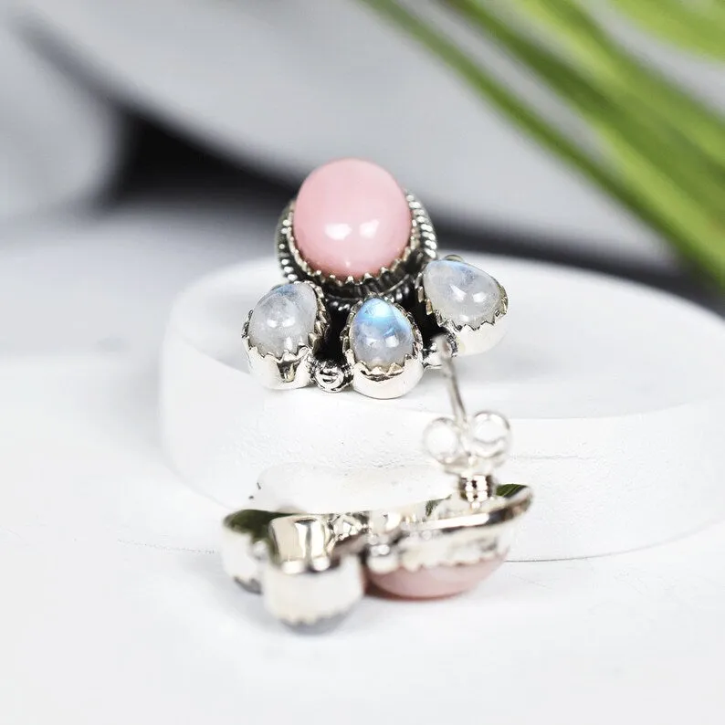 Native American Pink Opal And Rainbow Moonstone Cluster Earrings For Women - 925 Sterling Silver Earrings