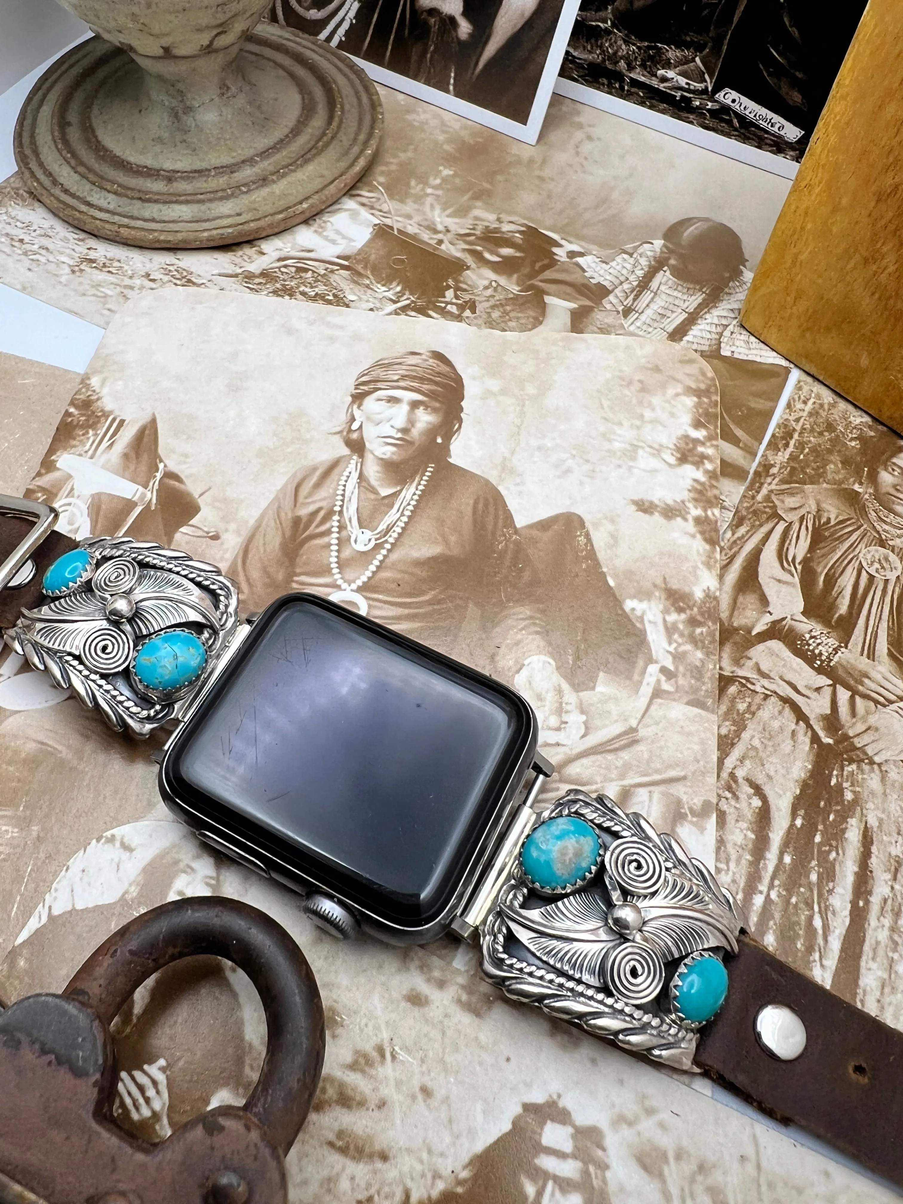 Native American Sterling Silver Watch Band with Turquoise J