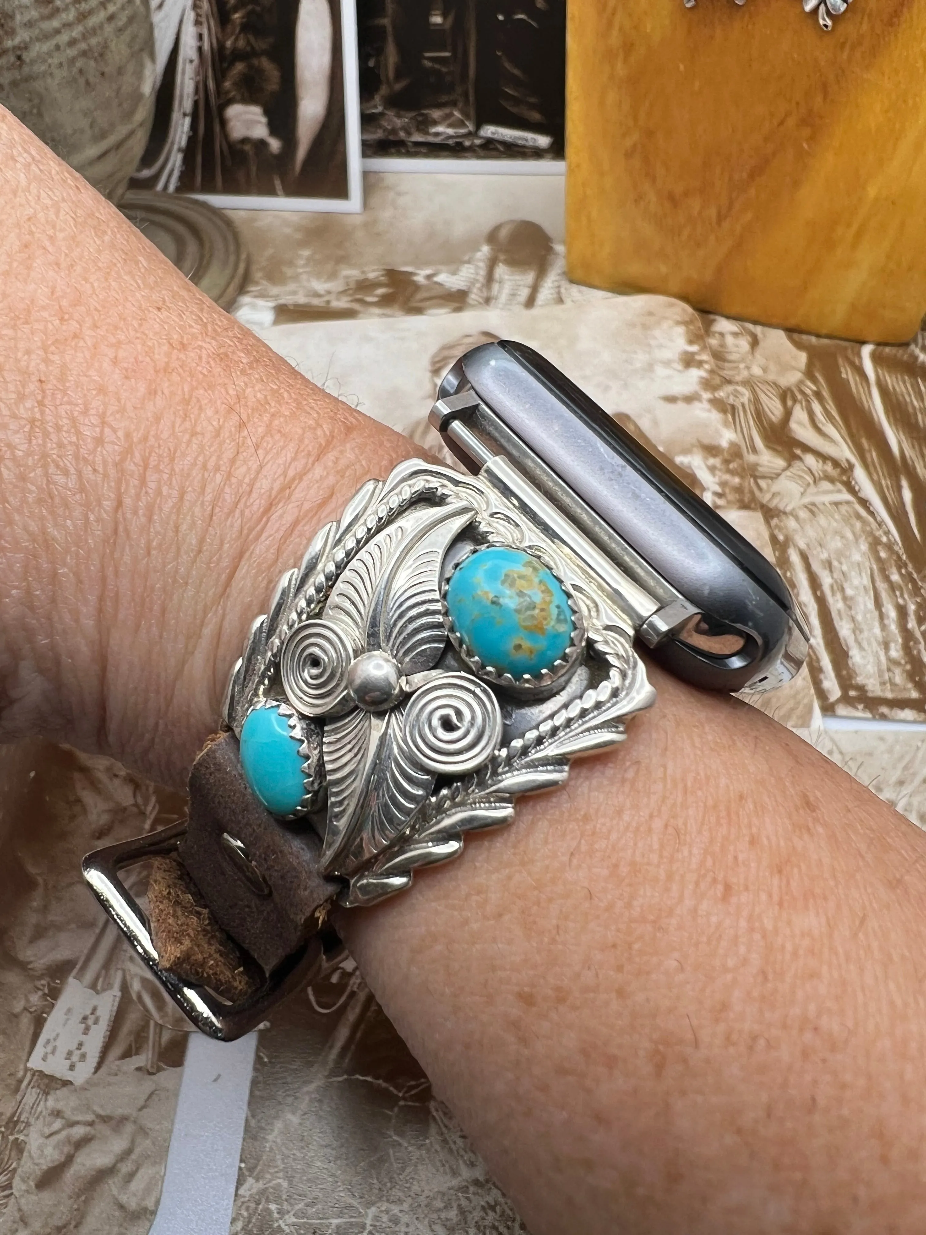 Native American Sterling Silver Watch Band with Turquoise J
