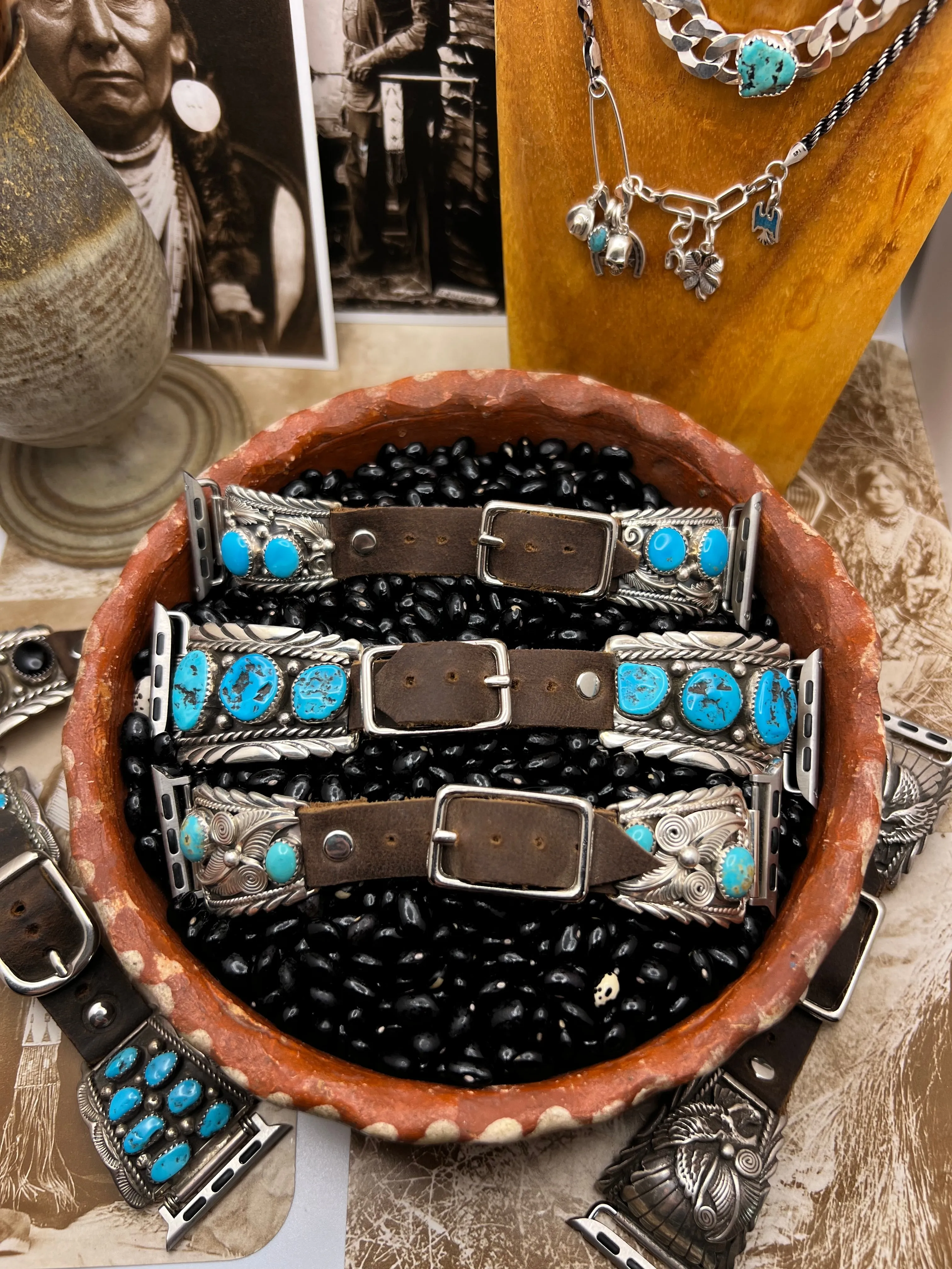 Native American Sterling Silver Watch Band with Turquoise J