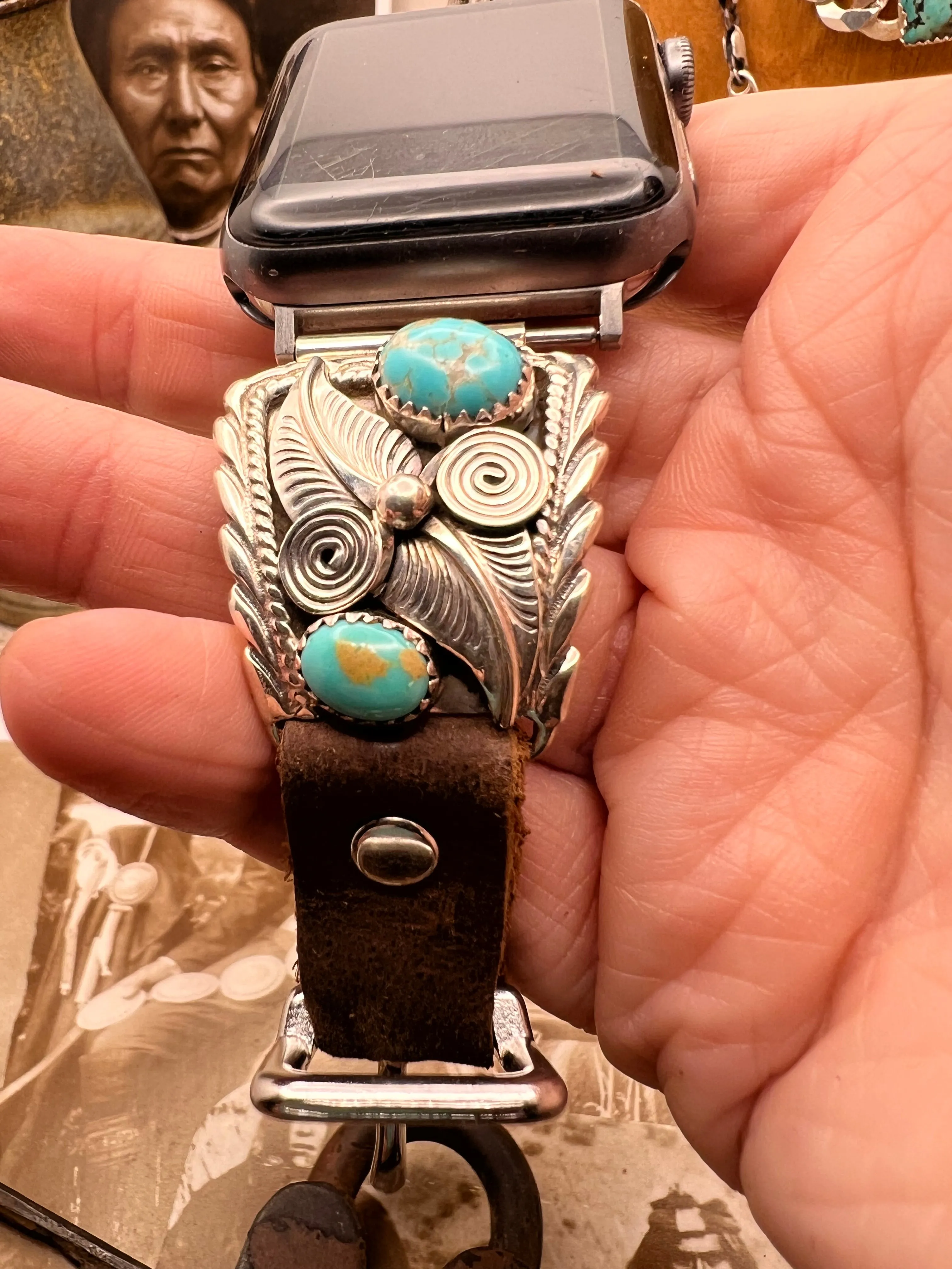 Native American Sterling Silver Watch Band with Turquoise J