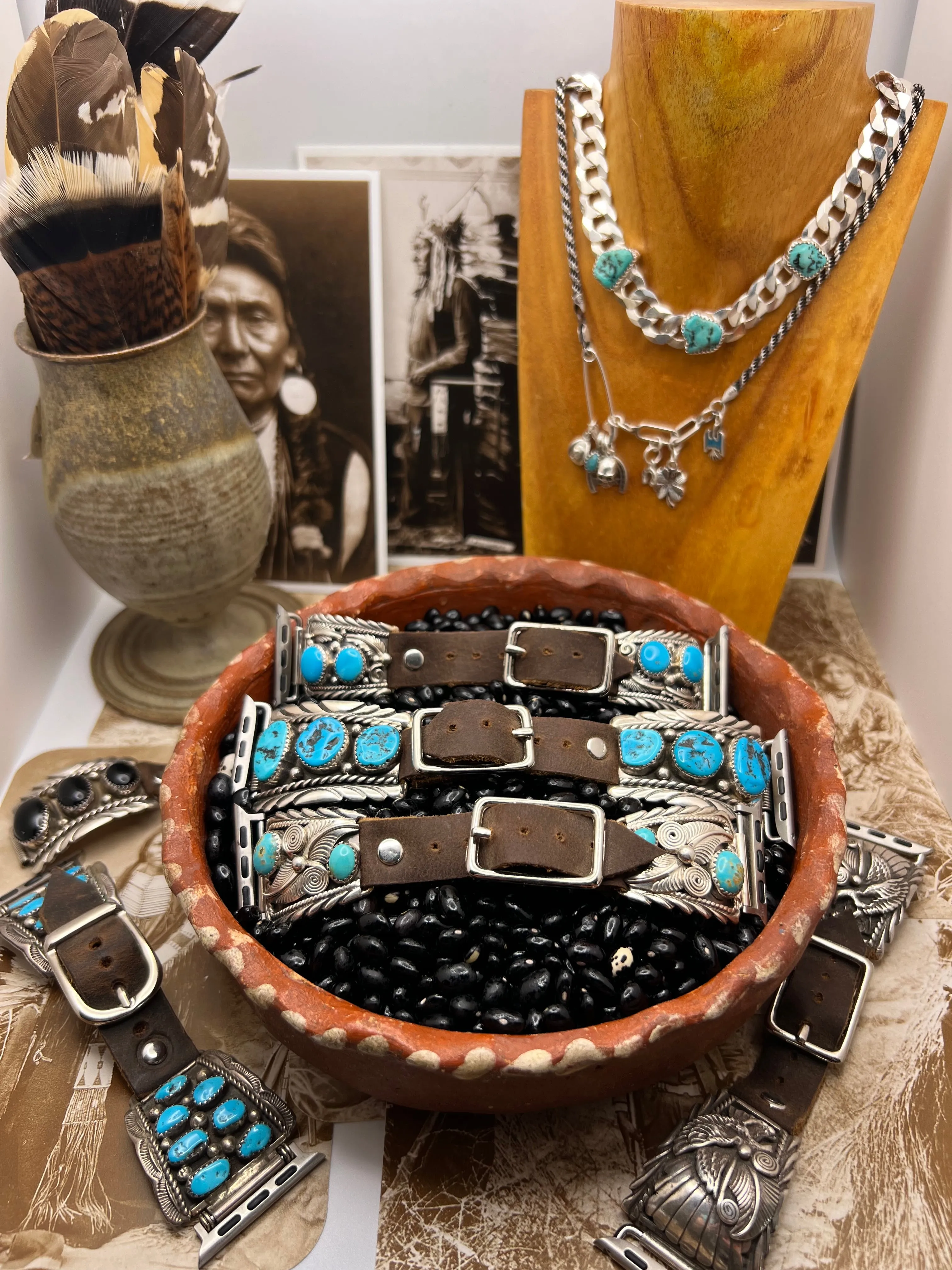 Native American Sterling Silver Watch Band with Turquoise J