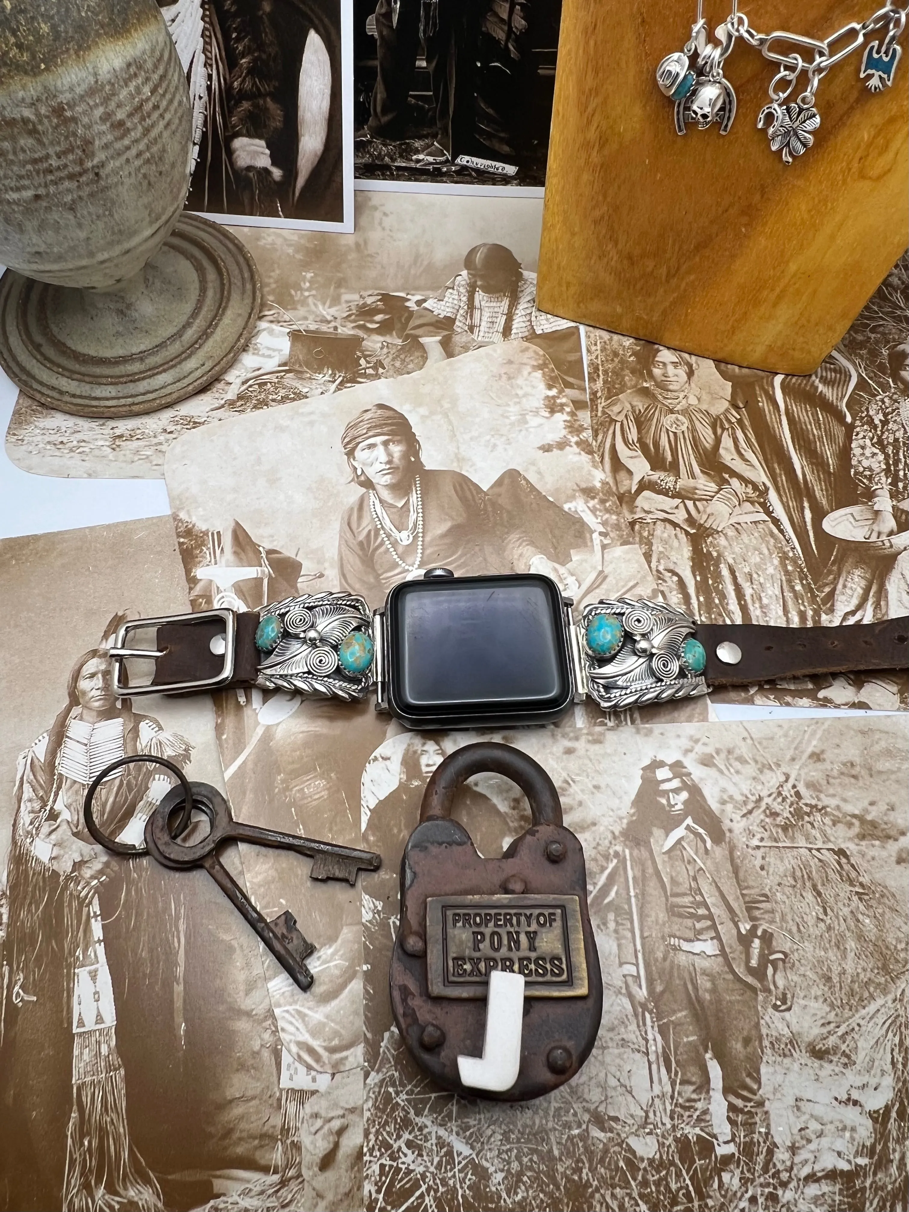 Native American Sterling Silver Watch Band with Turquoise J