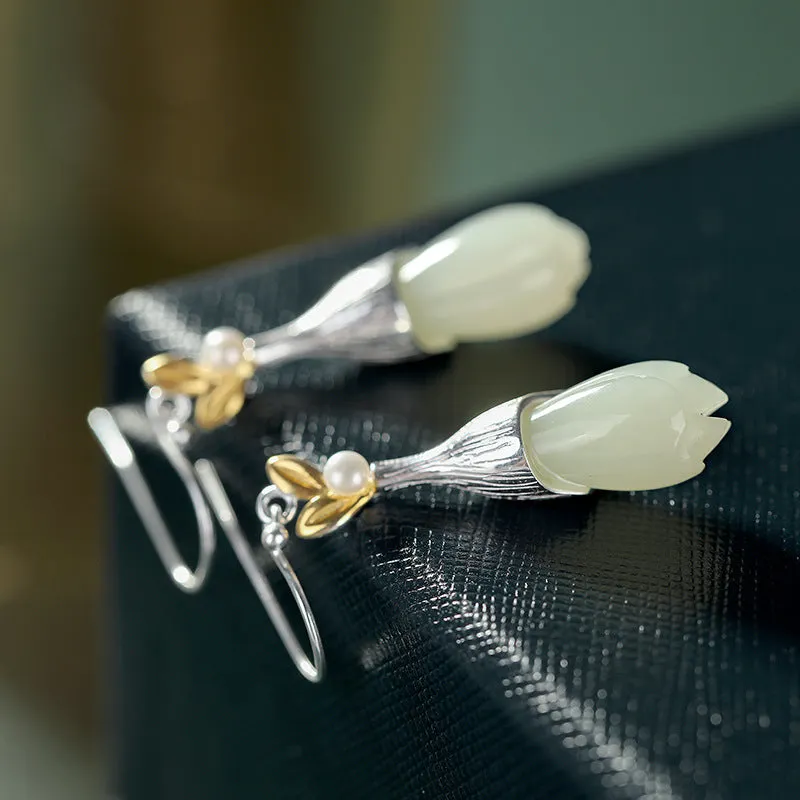 Natural Jade Earrings Nephrite Pearl Silver Earrings ZNE331