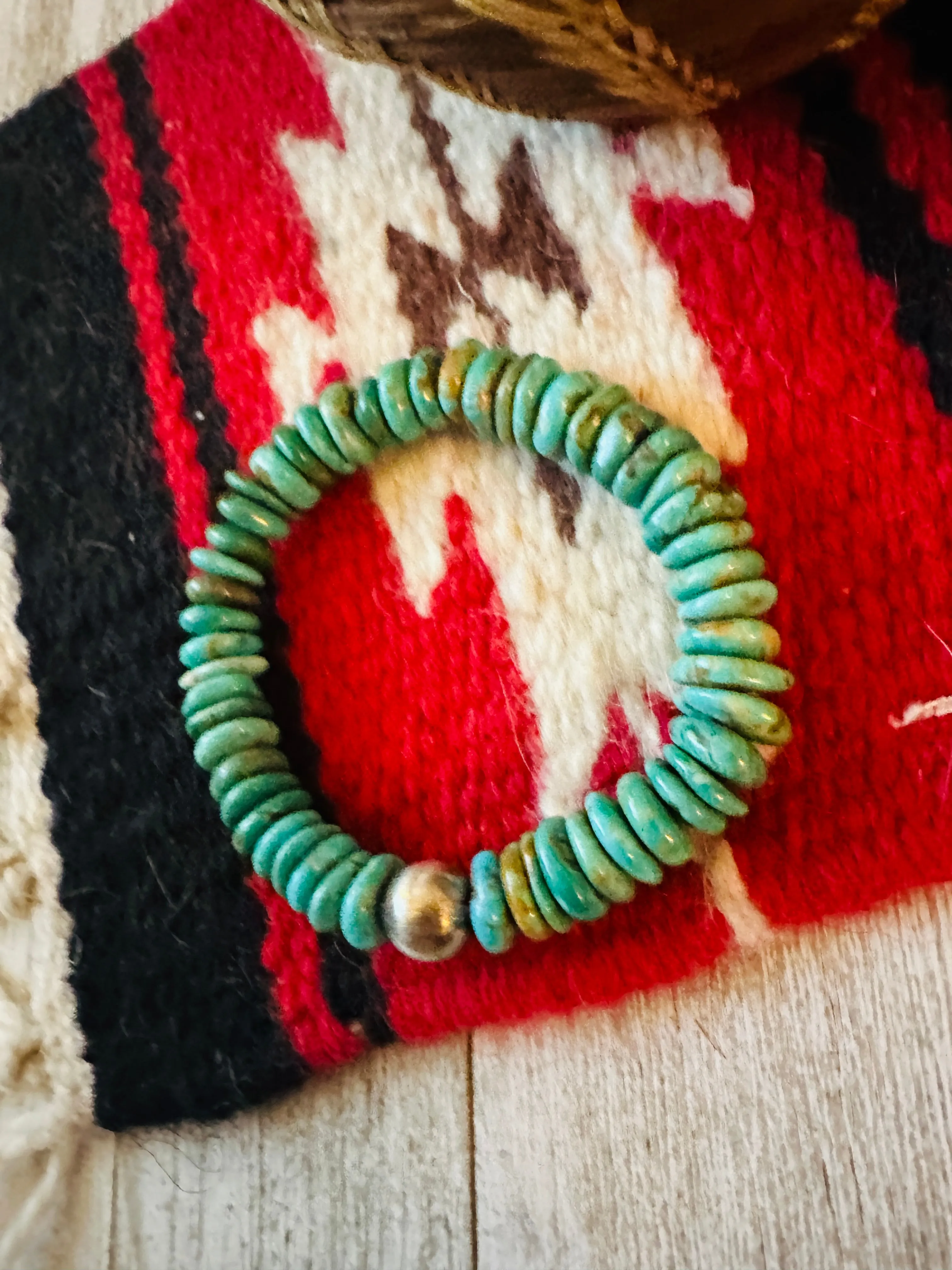 Navajo Sterling Silver Pearl and Turquoise Beaded Stretch Bracelet