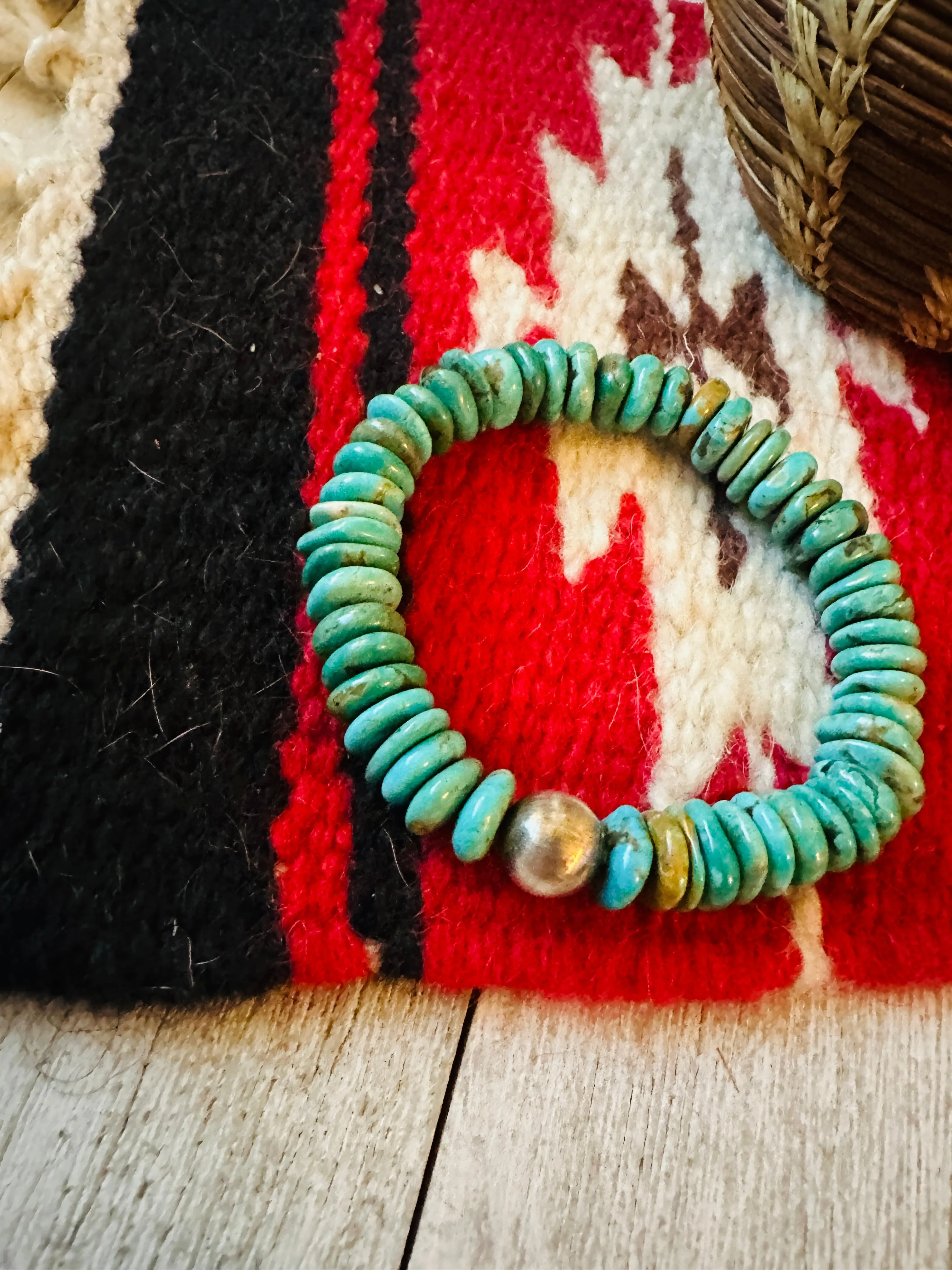 Navajo Sterling Silver Pearl and Turquoise Beaded Stretch Bracelet