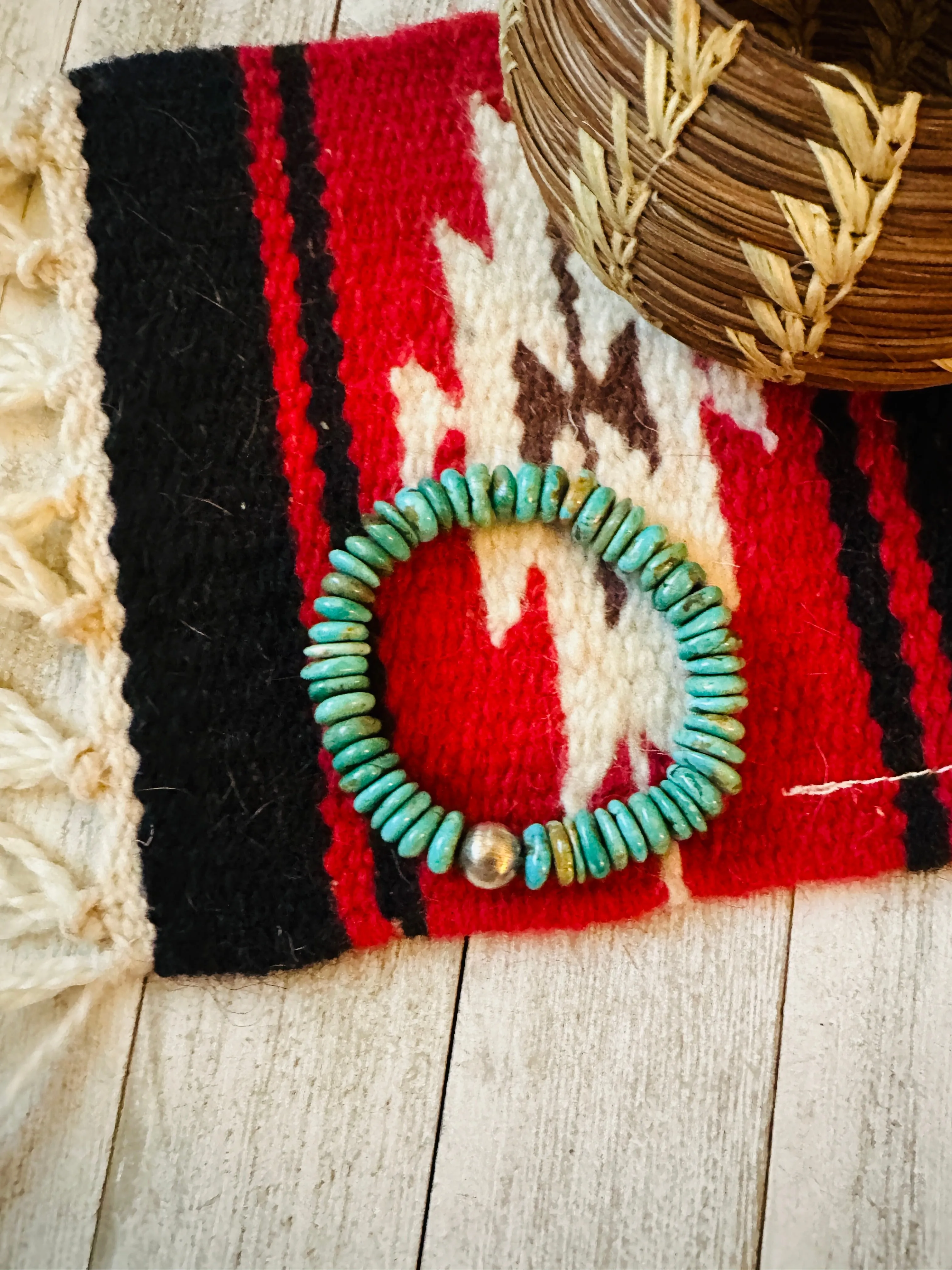 Navajo Sterling Silver Pearl and Turquoise Beaded Stretch Bracelet