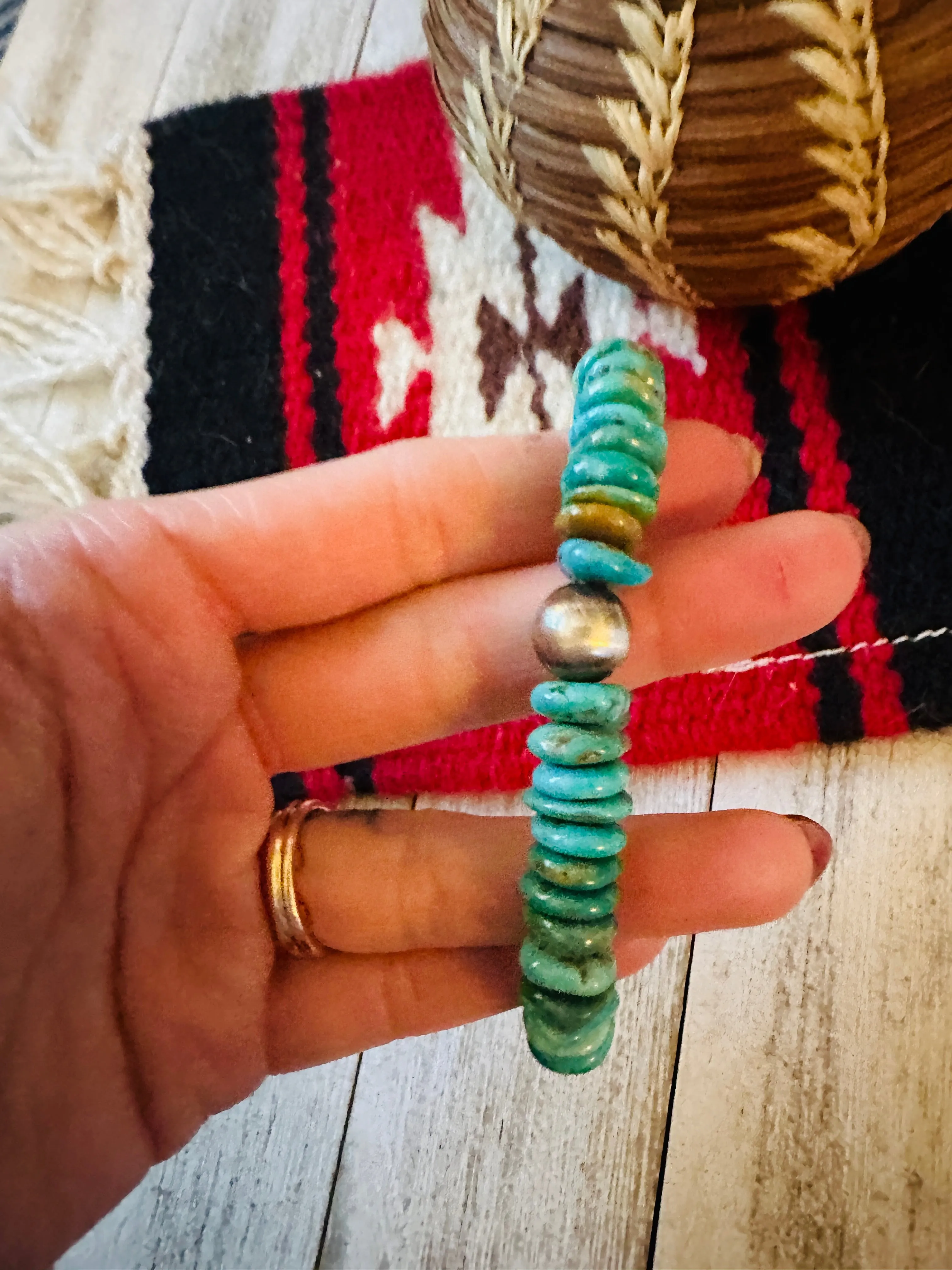 Navajo Sterling Silver Pearl and Turquoise Beaded Stretch Bracelet