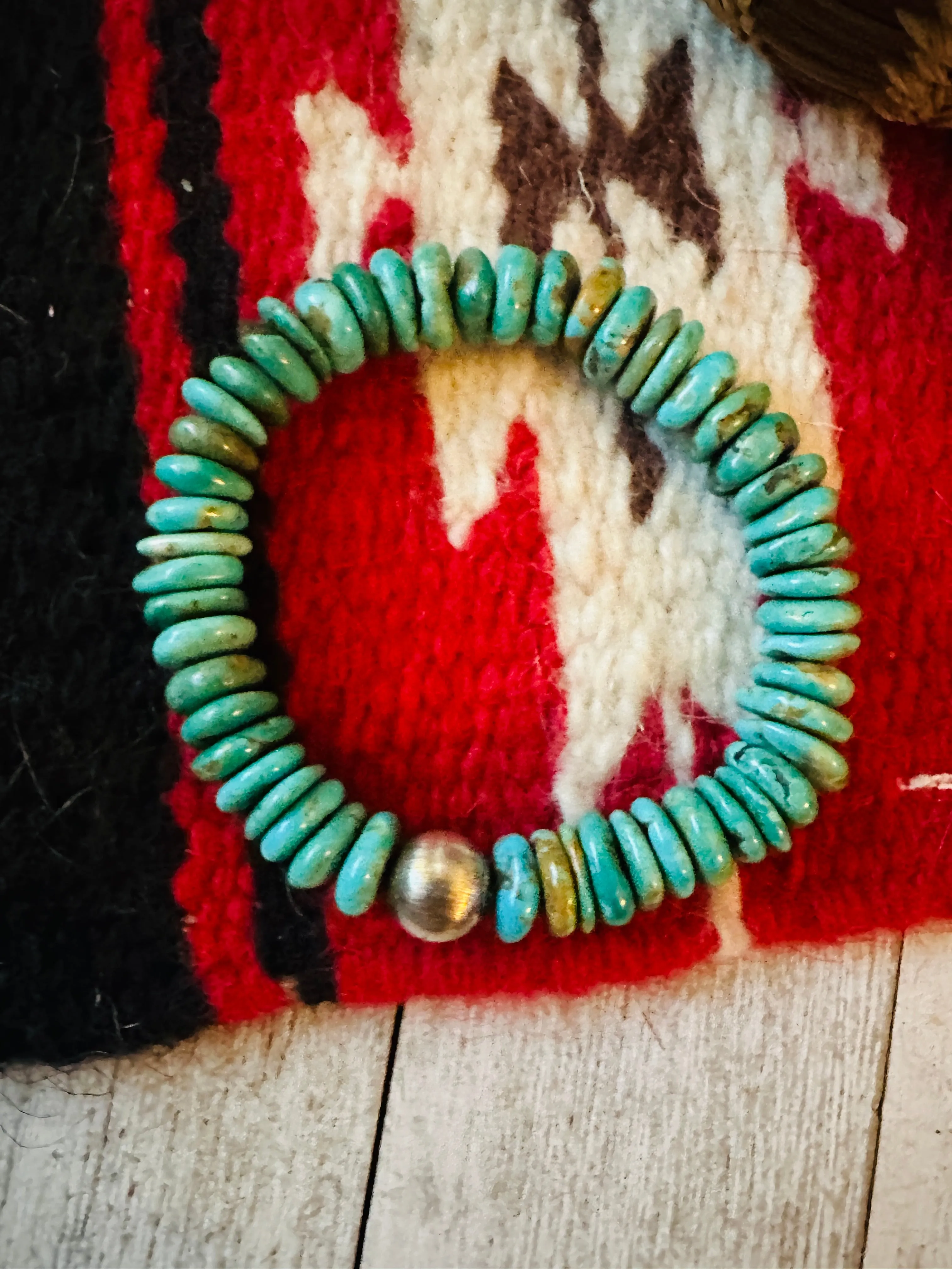 Navajo Sterling Silver Pearl and Turquoise Beaded Stretch Bracelet