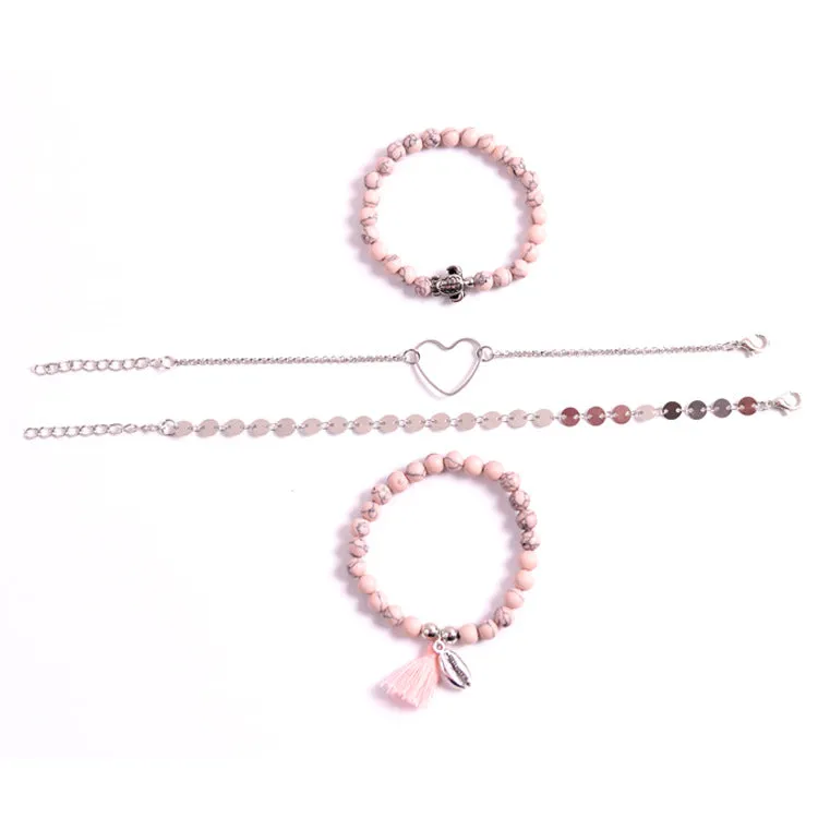 Peach Heart Sequins Shell Tassel Bracelet Turtle Turquoise Four-piece Bracelet
