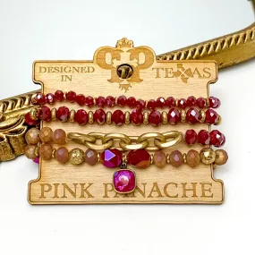 Pink Panache | Red Crystal and Gold Tone Beaded Bracelet Set with Gold Tone Chain Segment and Royal Red Delight Cushion Cut Crystal Pendant