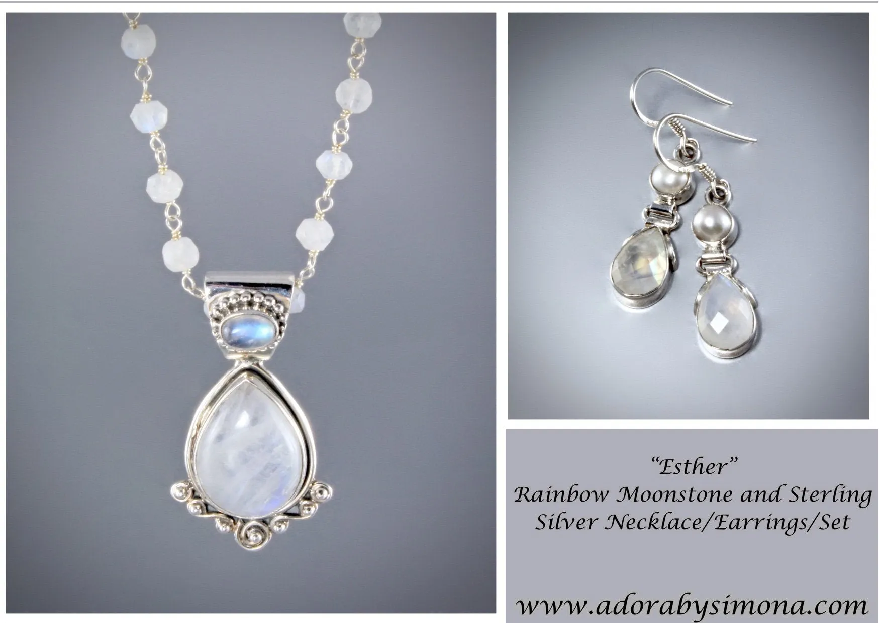 "Esther" - Rainbow Moonstone Bridal Necklace and Earrings Set