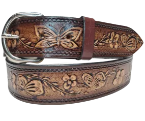 "Flowers and the Butterfly" Leather Belt  "Quick Ship"