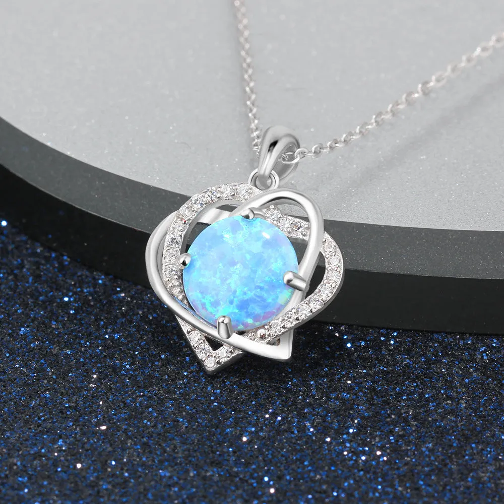 Round Blue Opal Double Heart Shape Zircon Sterling Silver Necklace