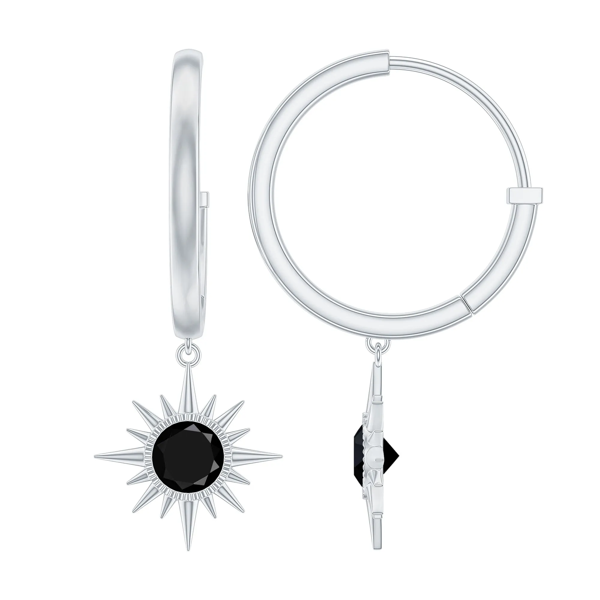 Round Created Black Diamond Sunburst Hoop Drop Earrings in Bezel Setting