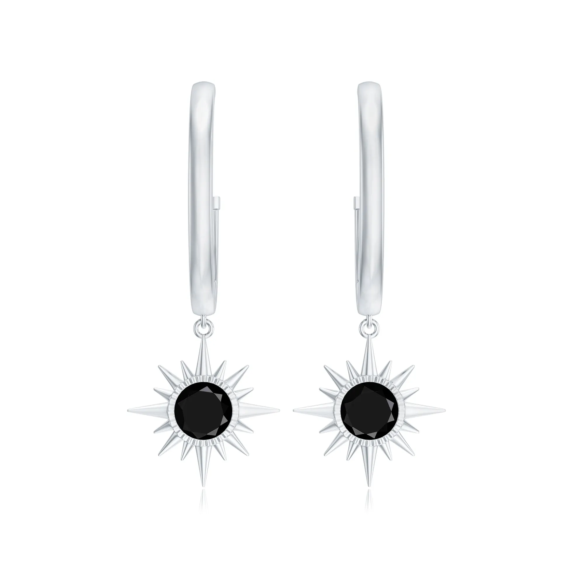 Round Created Black Diamond Sunburst Hoop Drop Earrings in Bezel Setting