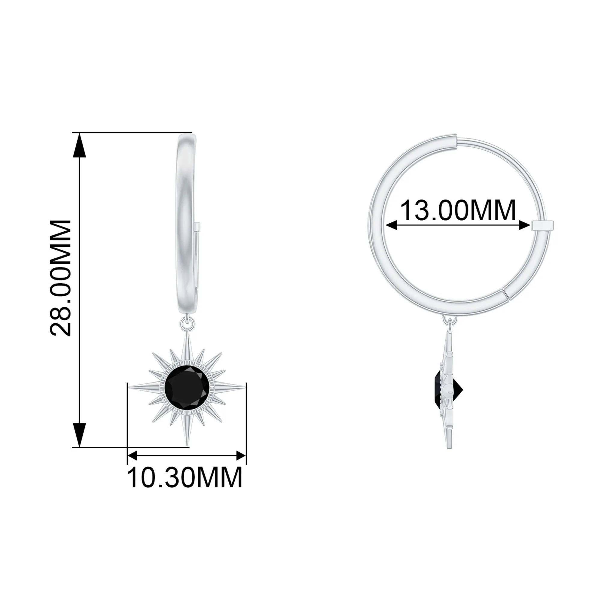 Round Created Black Diamond Sunburst Hoop Drop Earrings in Bezel Setting