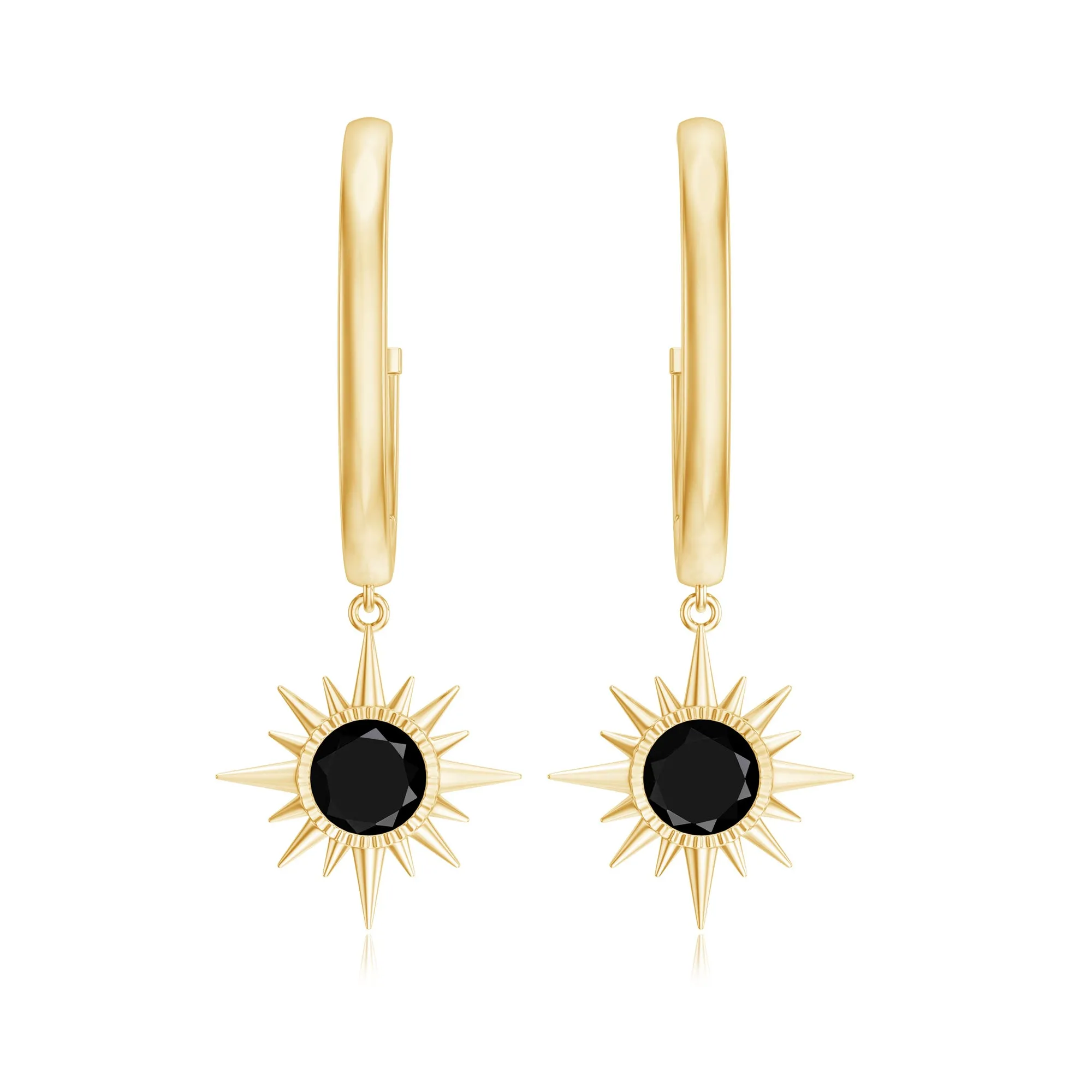 Round Created Black Diamond Sunburst Hoop Drop Earrings in Bezel Setting