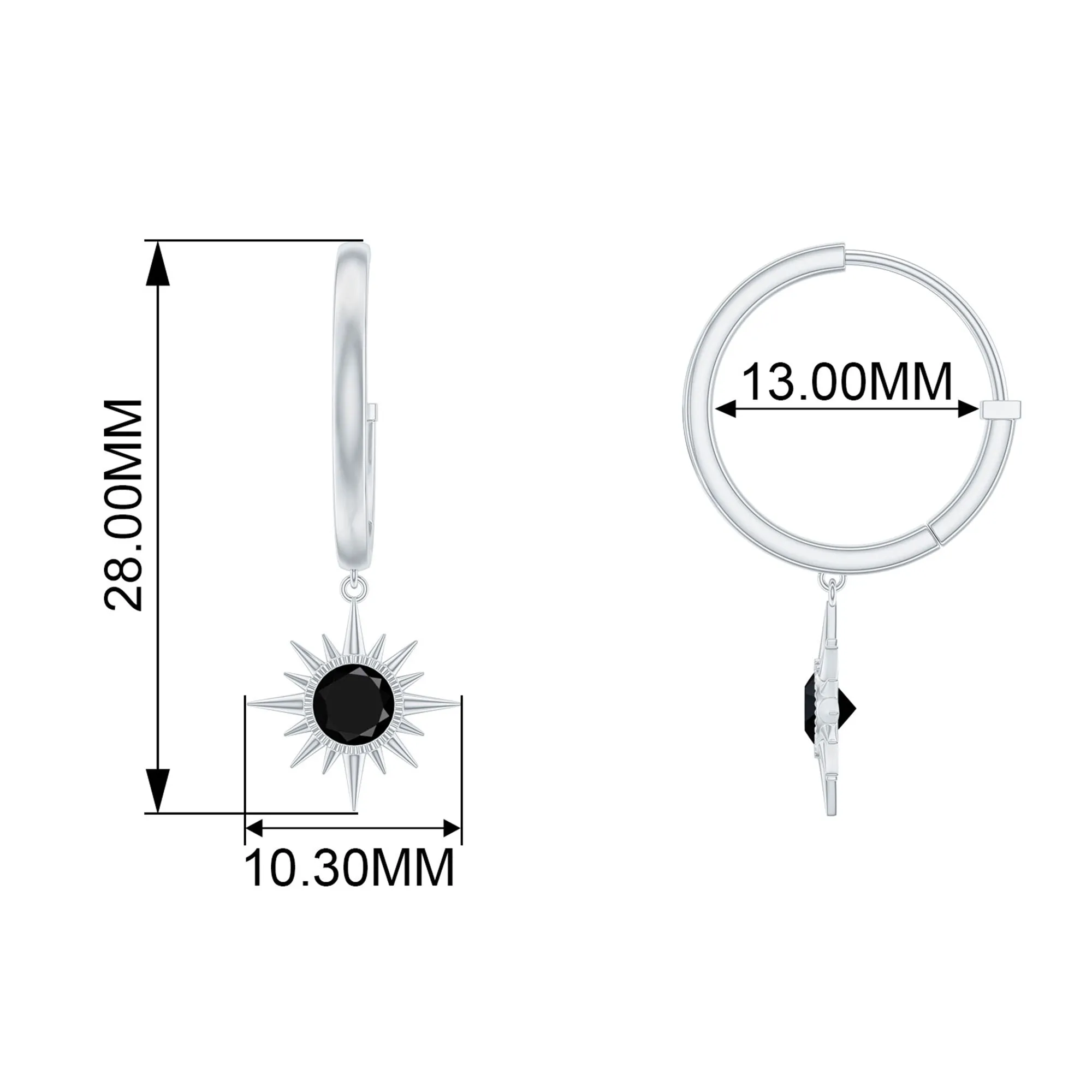 Round Created Black Diamond Sunburst Hoop Drop Earrings in Bezel Setting