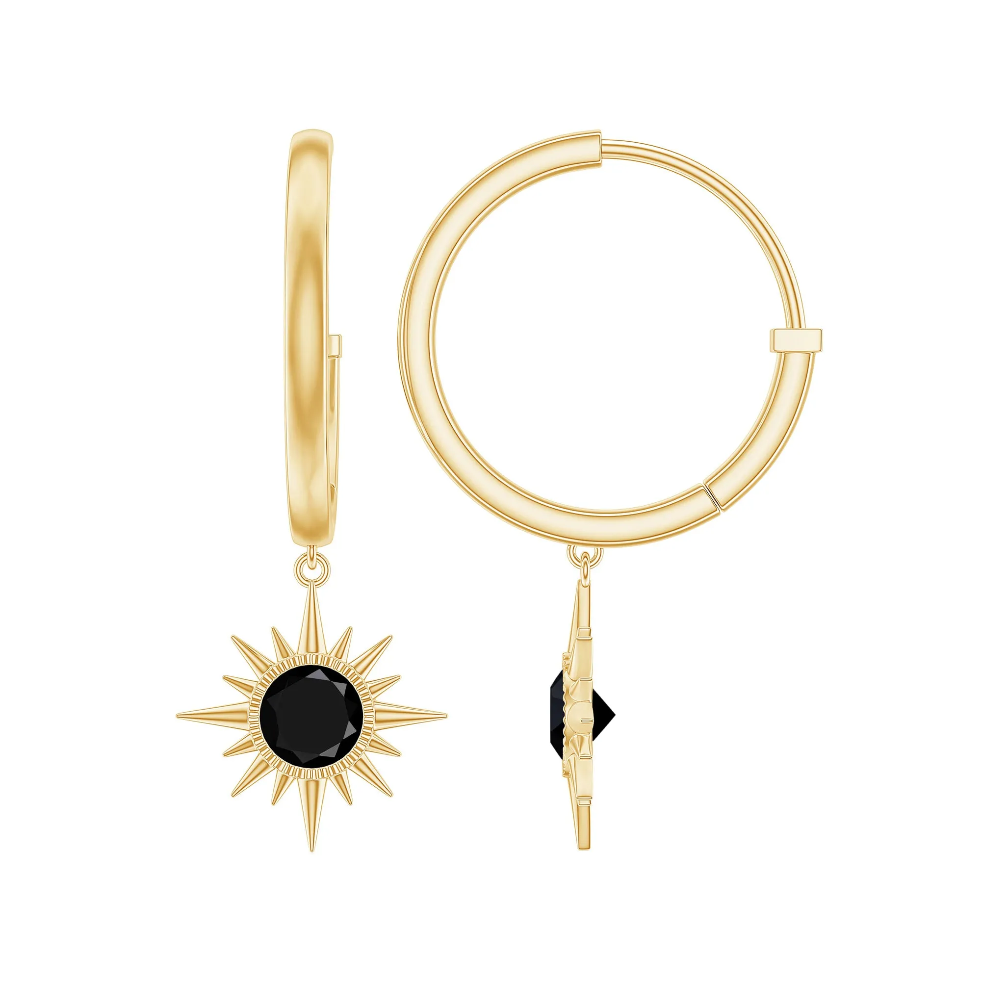 Round Created Black Diamond Sunburst Hoop Drop Earrings in Bezel Setting