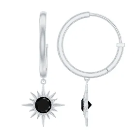 Round Created Black Diamond Sunburst Hoop Drop Earrings in Bezel Setting