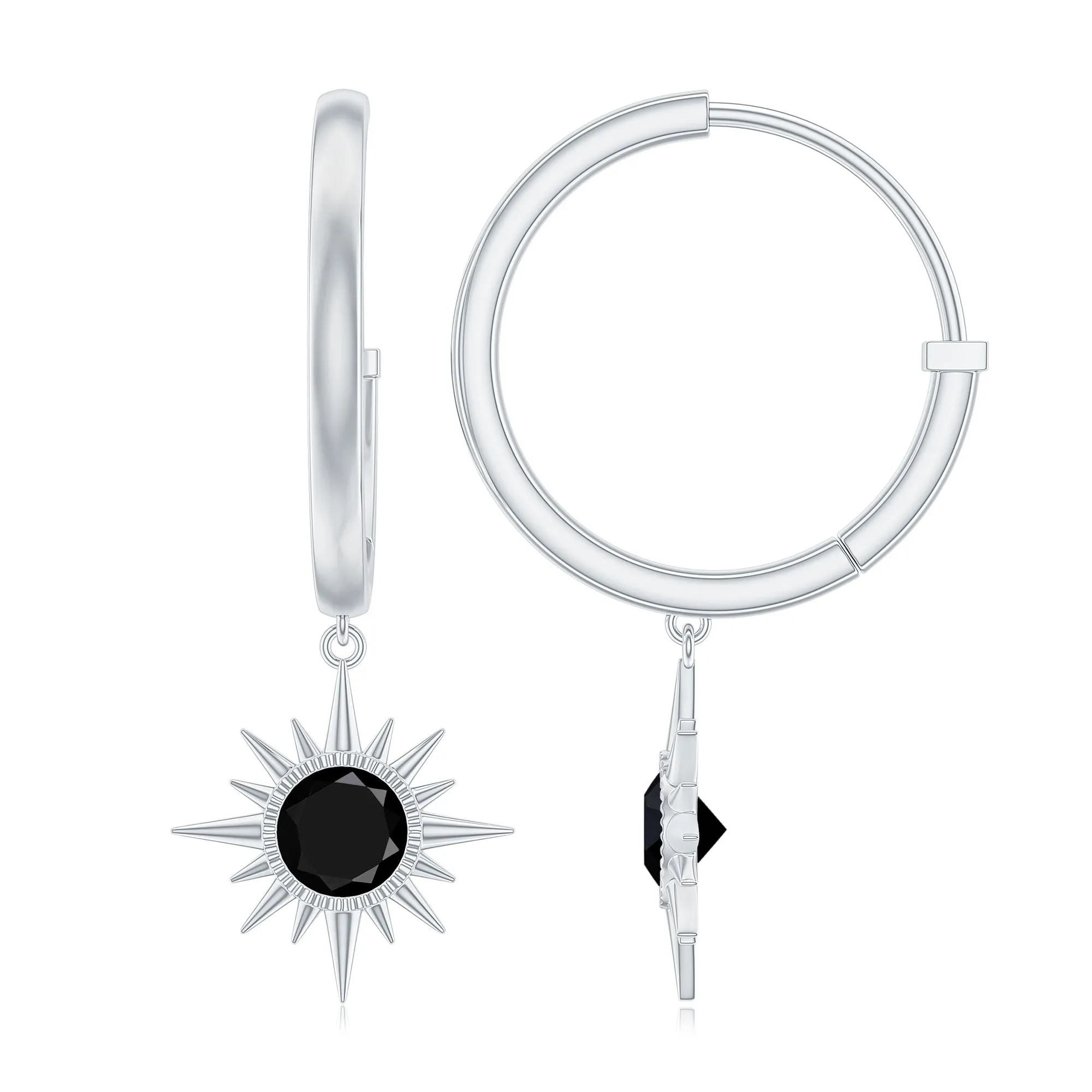 Round Created Black Diamond Sunburst Hoop Drop Earrings in Bezel Setting
