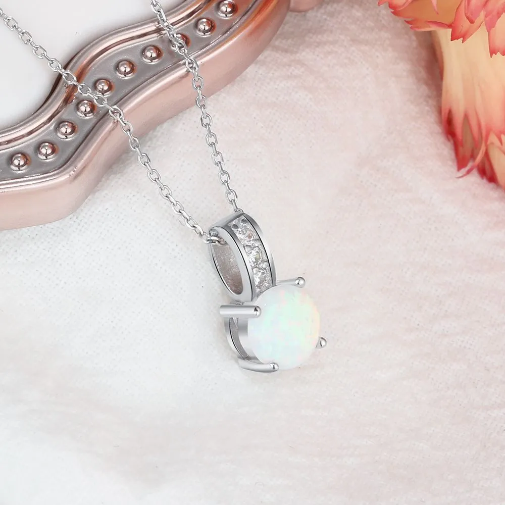 Round Opal Zircon Circle Ring Sterling Silver Necklace