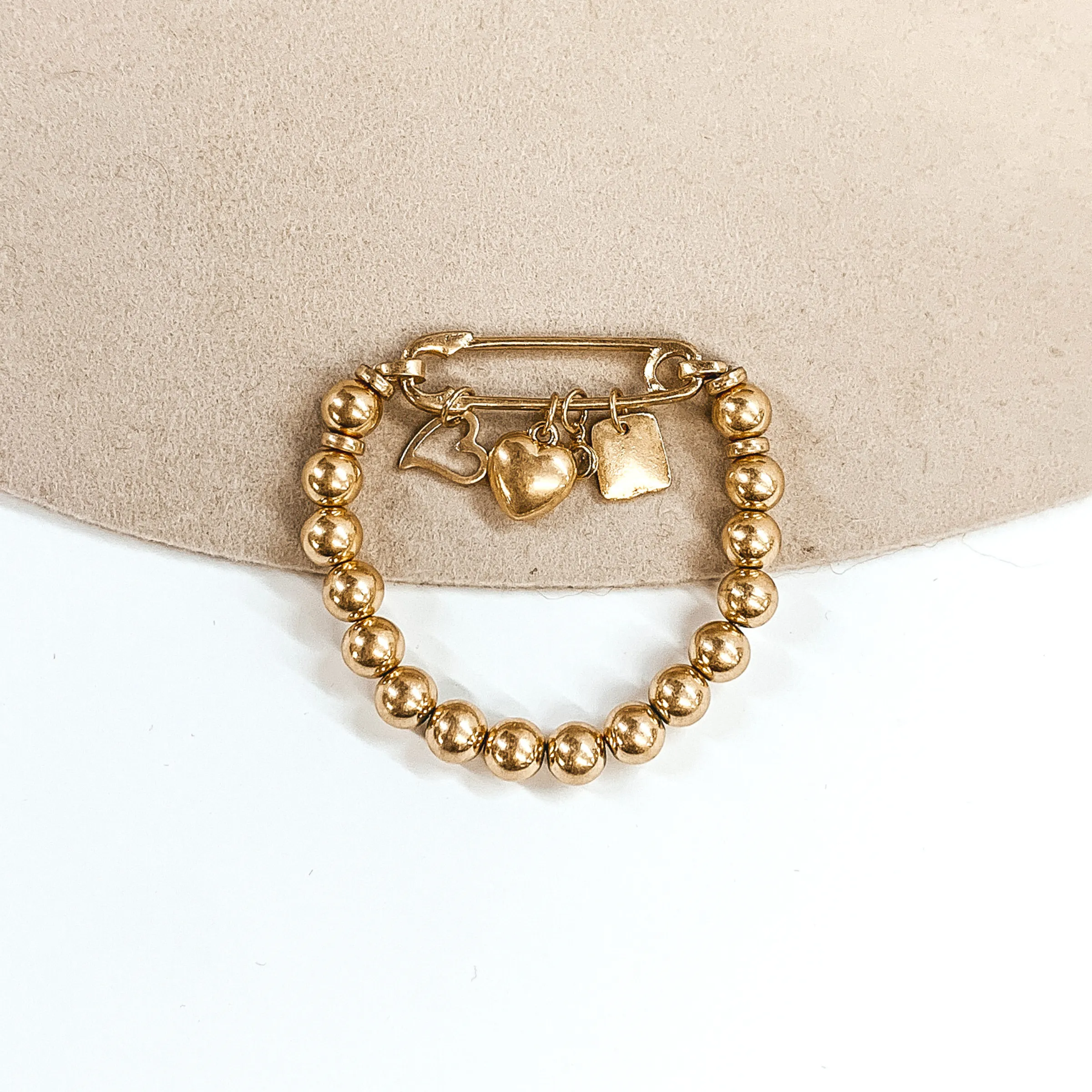 Safety Pin Beaded Bracelet with Gold Charms in Gold