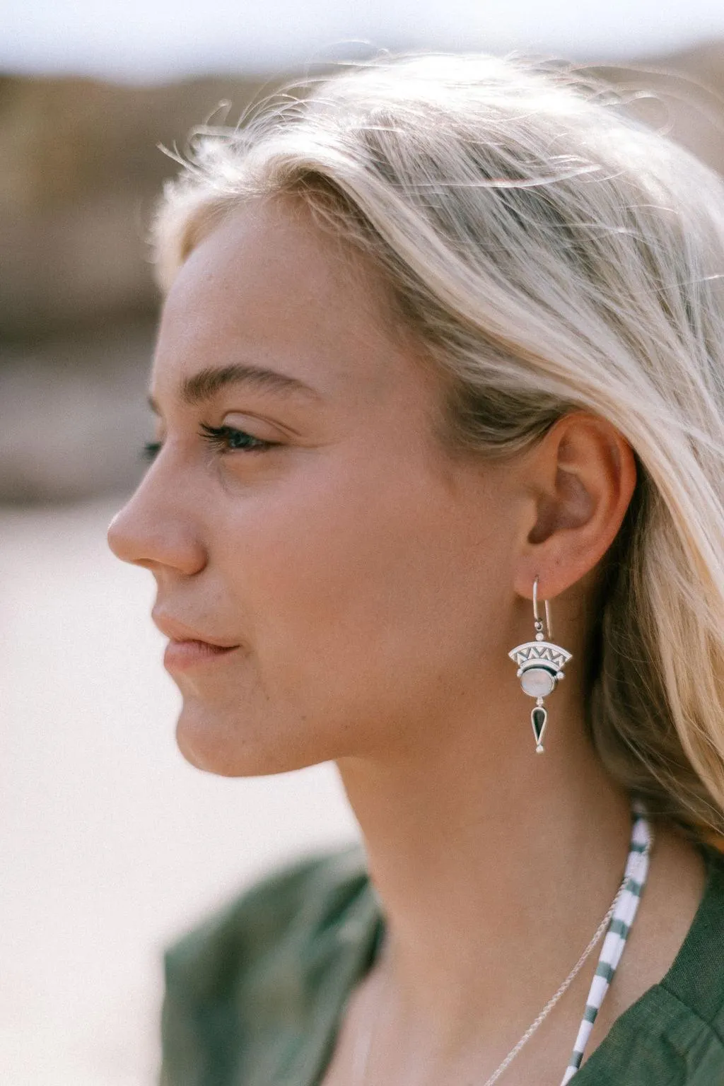 silver aztec drop earring with moonstone