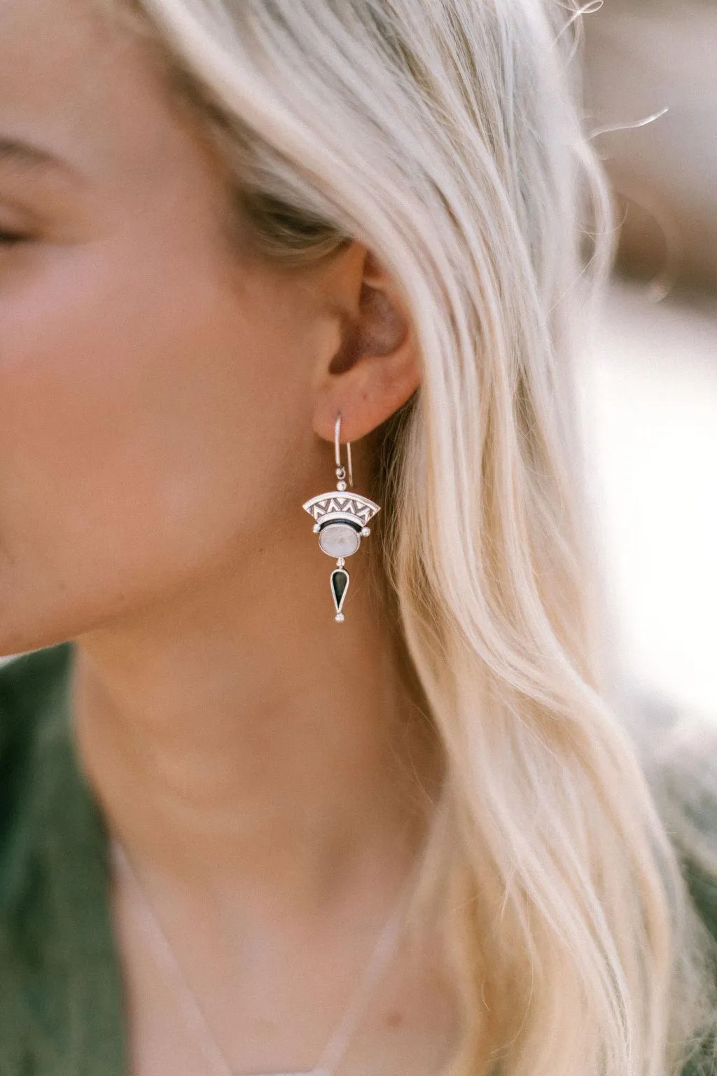 silver aztec drop earring with moonstone