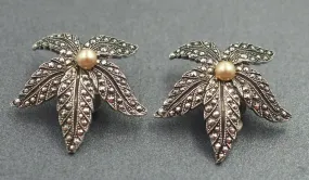 Silver Tone Marcasite Faux Pearl Flower Leaf Earrings - Vintage Art Nouveau