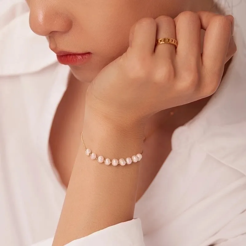 Simple Geometric Pearl Stainless Steel Jewelry Gold Chain Bracelet