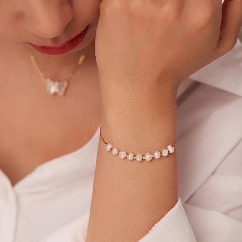 Simple Geometric Pearl Stainless Steel Jewelry Gold Chain Bracelet