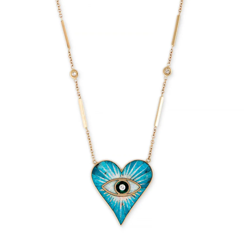 SMALL TURQUOISE OPAL MALACHITE INLAY EYE BURST HEART NECKLACE