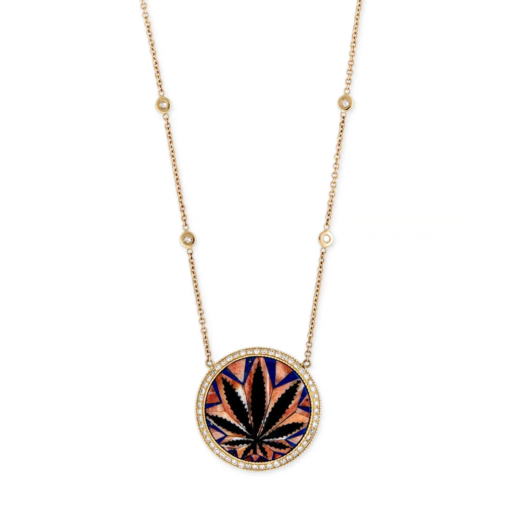 SPINY OYSTER SHELL   ONYX SWEET LEAF INLAY NECKLACE