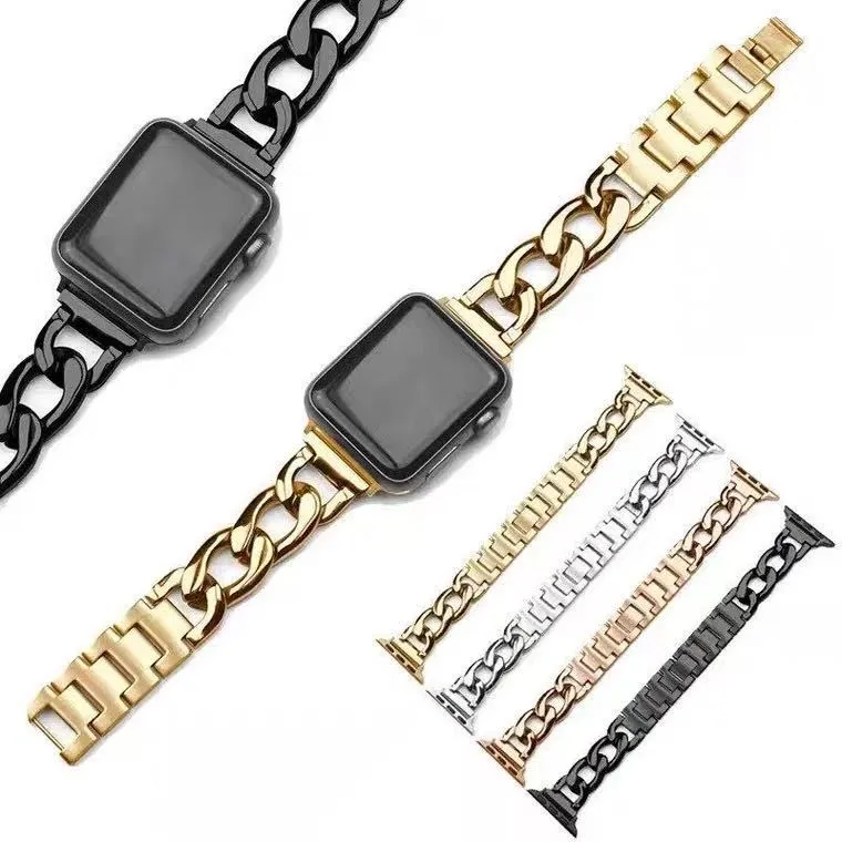 Stainless Steel Chain Bracelet Compatible With Apple Watch Band for 42MM 44MM 45MM-Gold
