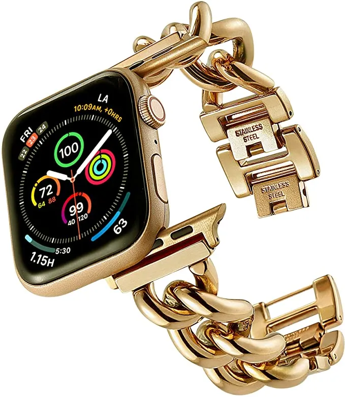 Stainless Steel Chain Bracelet Compatible With Apple Watch Band for 42MM 44MM 45MM-Gold