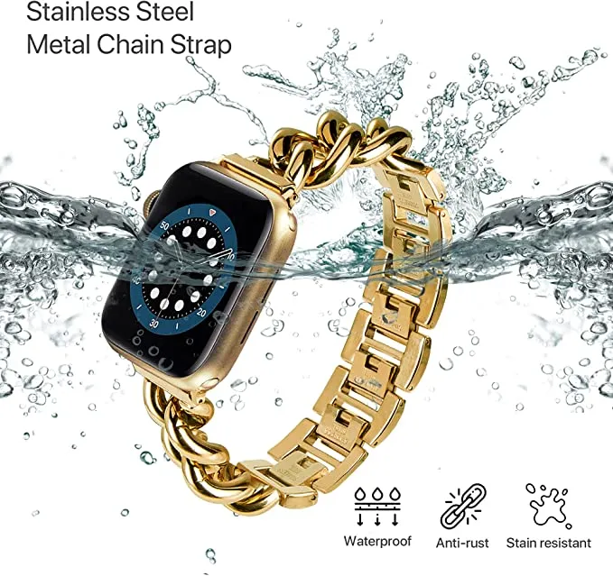 Stainless Steel Chain Bracelet Compatible With Apple Watch Band for 42MM 44MM 45MM-Gold