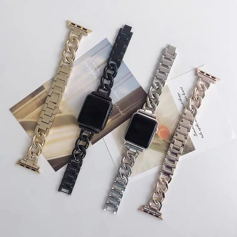 Stainless Steel Chain Bracelet Compatible With Apple Watch Band for 42MM 44MM 45MM-Gold