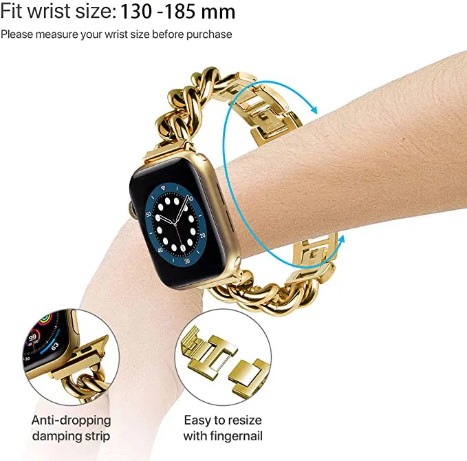 Stainless Steel Chain Bracelet Compatible With Apple Watch Band for 42MM 44MM 45MM-Gold