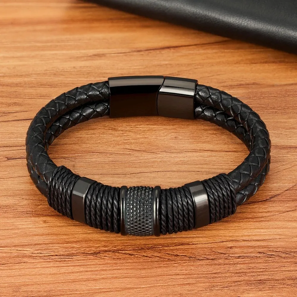 Stainless Steel Cowhide Rope Double Braided Bracelet Men's Metal