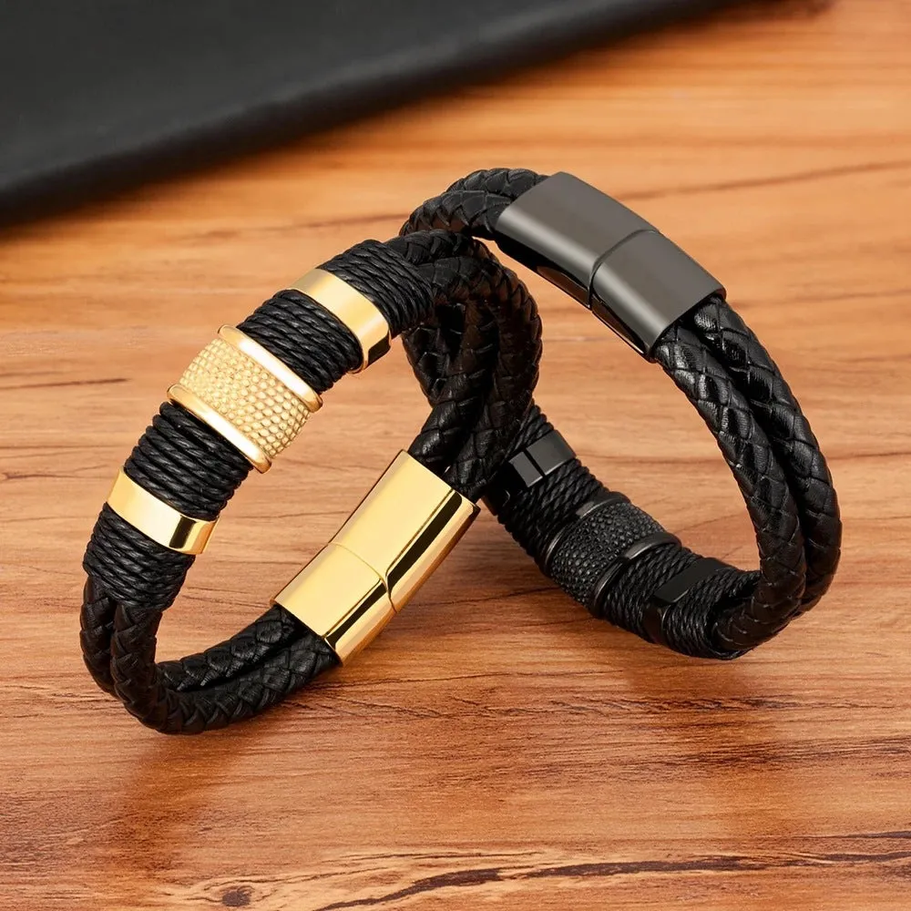 Stainless Steel Cowhide Rope Double Braided Bracelet Men's Metal