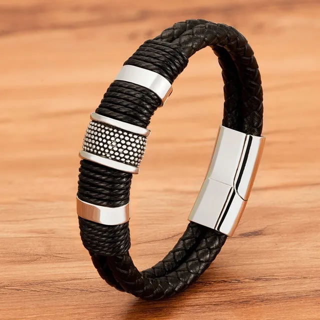 Stainless Steel Cowhide Rope Double Braided Bracelet Men's Metal
