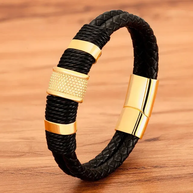 Stainless Steel Cowhide Rope Double Braided Bracelet Men's Metal