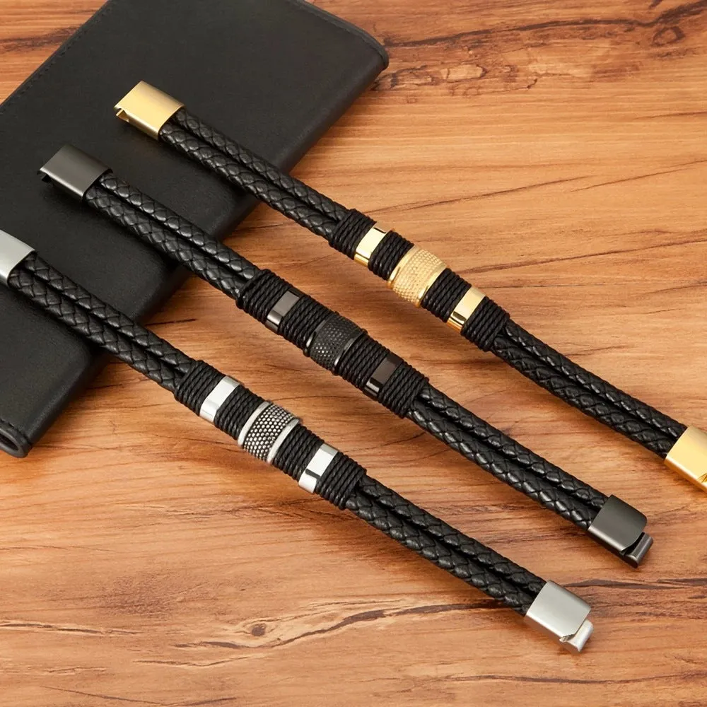 Stainless Steel Cowhide Rope Double Braided Bracelet Men's Metal